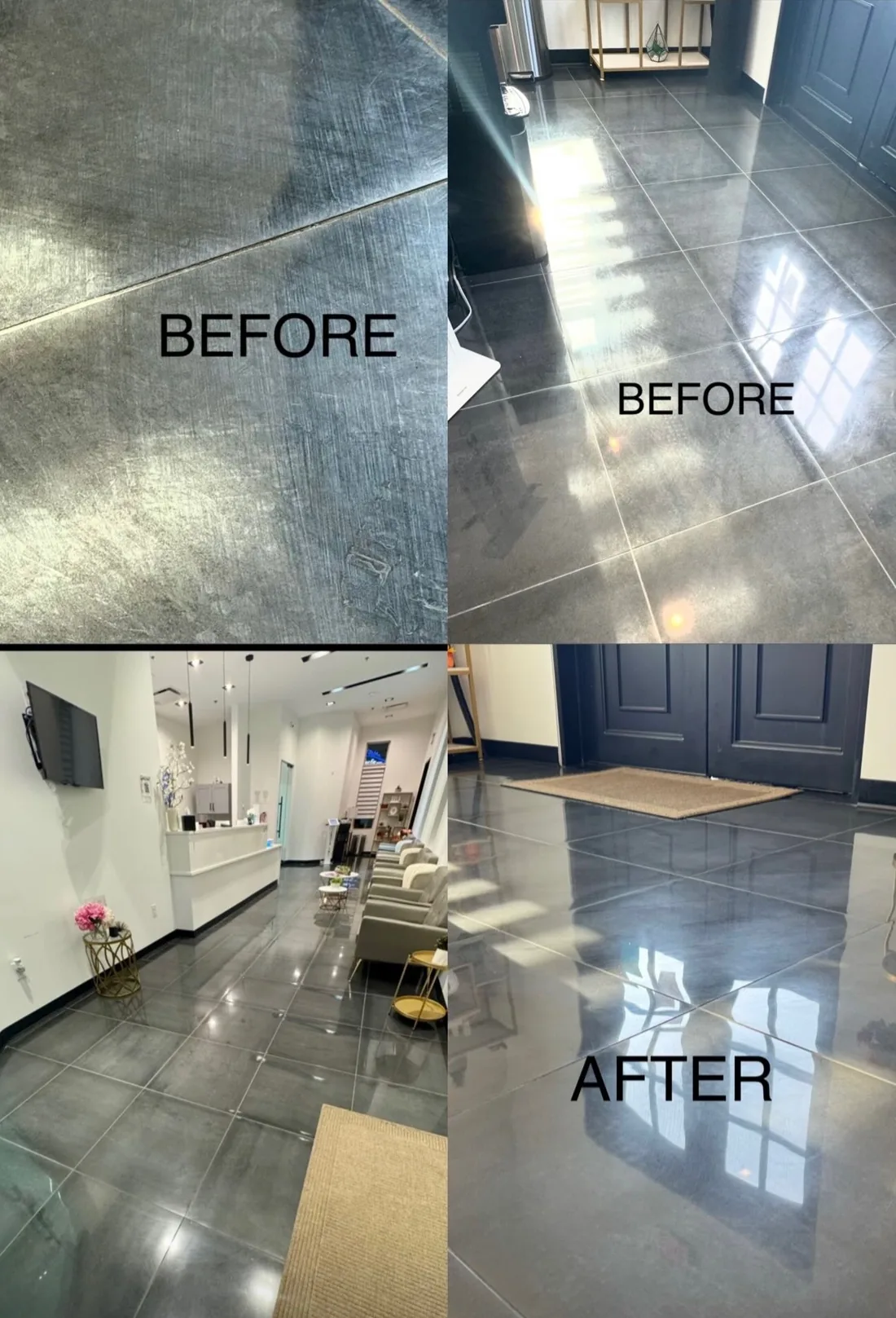 Before and after polished floor cleaning at a DFW business