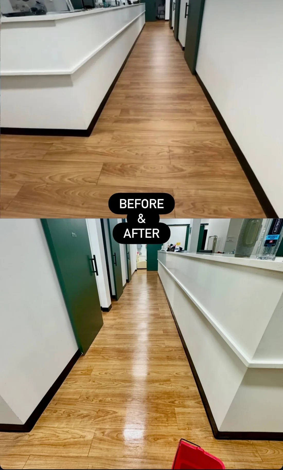 Before and after office hallway floor cleaning in DFW