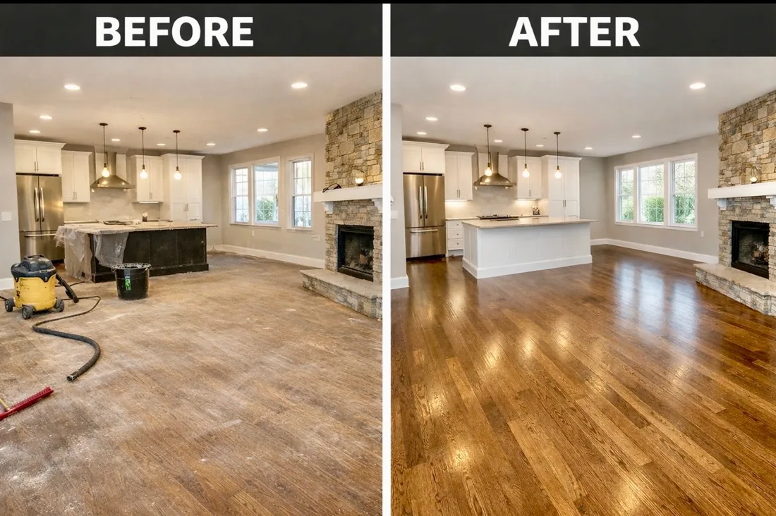 Before and after hardwood floor cleaning by Cattleman Cleaning